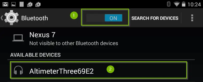 screenshot of bluetooth settings with the on off switch and device highlighted