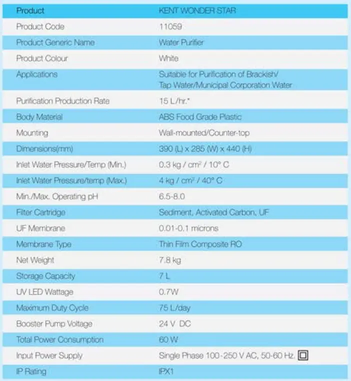 KENT Wonder Star 7 L Electric water Purifier-specif2