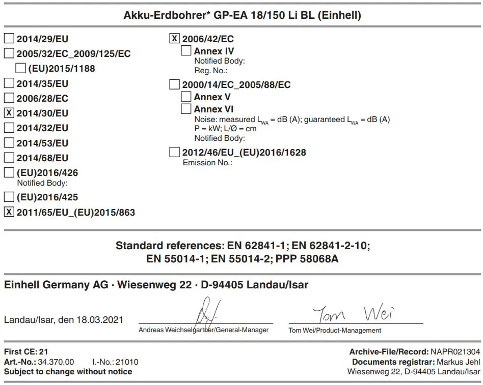 Einhell GP-EA 18 Cordless earth auger Instructions - Akku-Erdbohrer