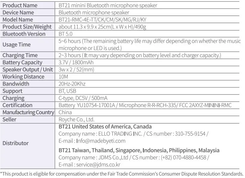 ROYCHE BT21 Minini Bluetooth Microphone Speaker User Manual - Product Specifications