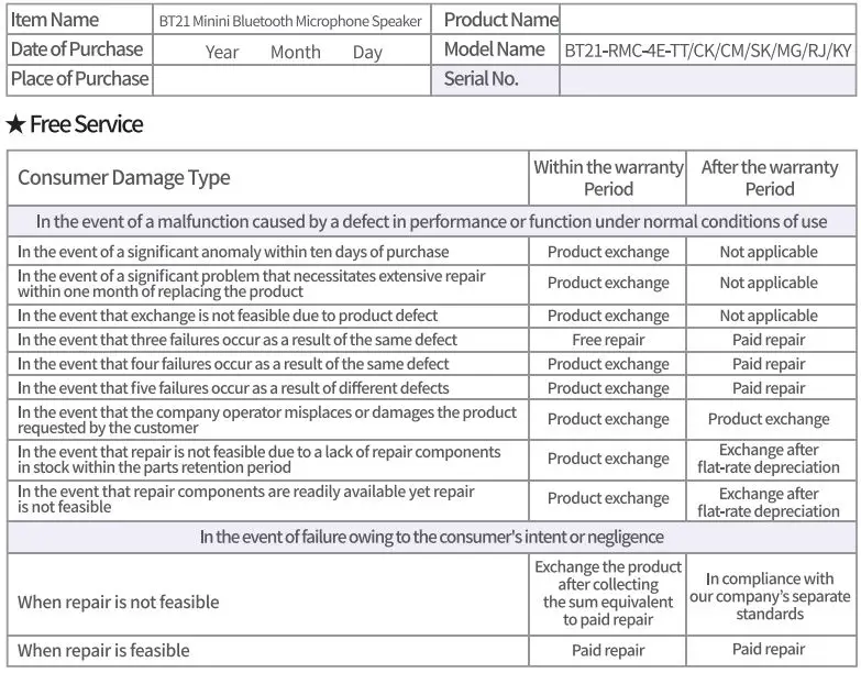 ROYCHE BT21 Minini Bluetooth Microphone Speaker User Manual - Product Warranty