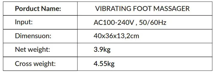 MEDIC THERAPEUTICS 005- 698 Vibrating Foot Massager - PORDUCT SPECIFICATIONS