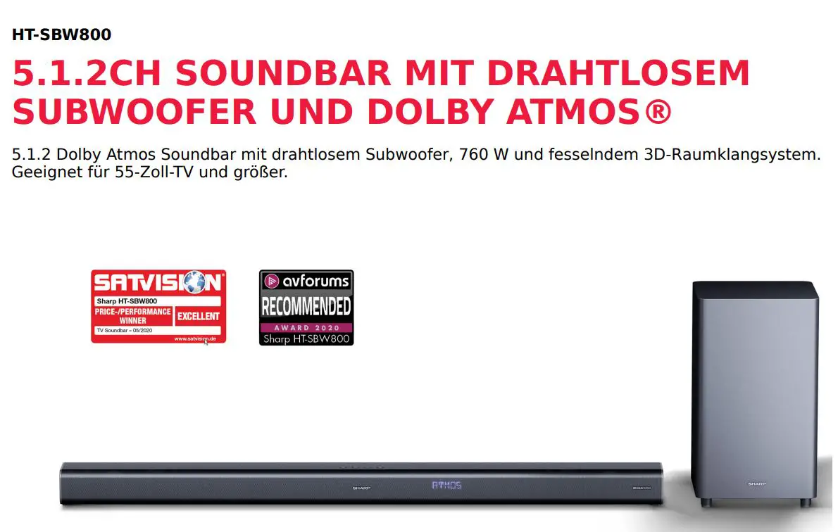 SHARP HT-SBW800 5.1.2ch Soundbar Mit Drahtlosem Subwoofer User Manual