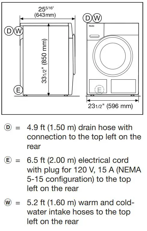 Miele WXD 160 Front Loading Washing Machine Instruction Manual - Dimensions