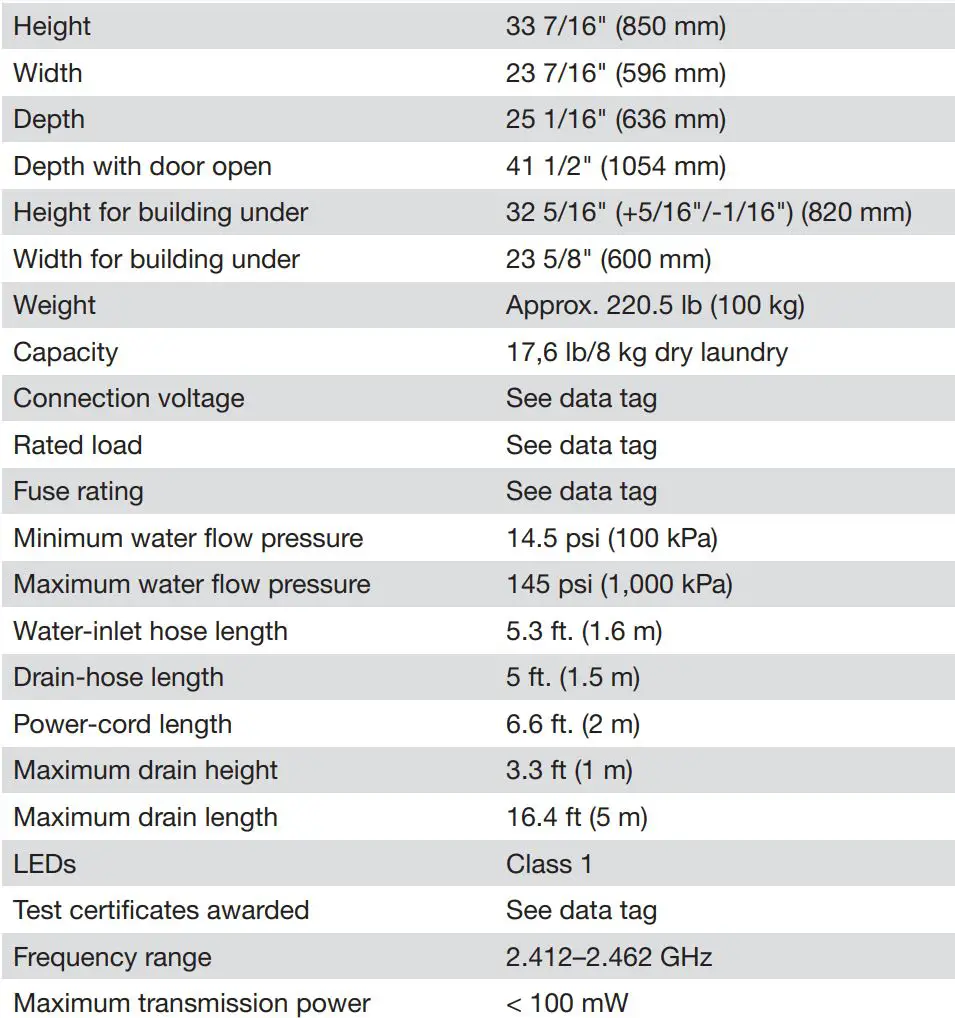 Miele WXD 160 Front Loading Washing Machine Instruction Manual - Technical data