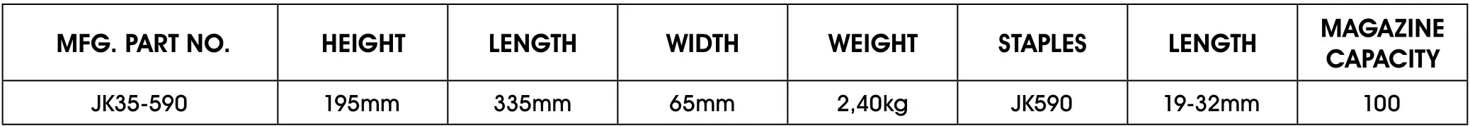 ULINE H-3535 Kihlberg JK35-590 Wide Crown Pneumatic Tacker - SPECIFICATIONS