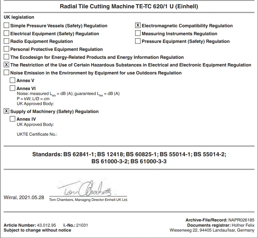 Einhell TE TC 620 1 U Tile Cutting Machine - fig 8
