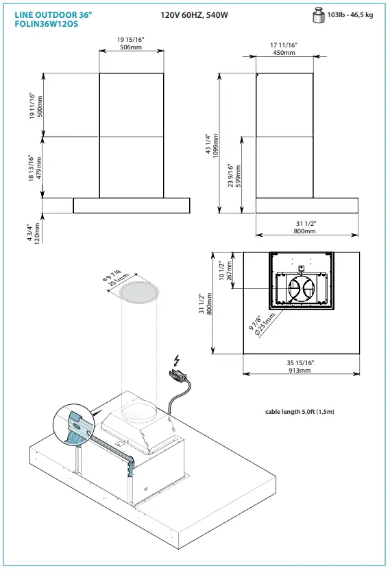 falmec FOLIN36W12OS Line Outdoor Wall Mount Range Hood - fig 1