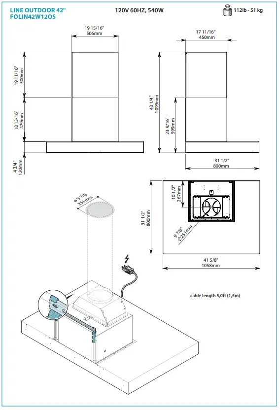 falmec FOLIN36W12OS Line Outdoor Wall Mount Range Hood - fig 2