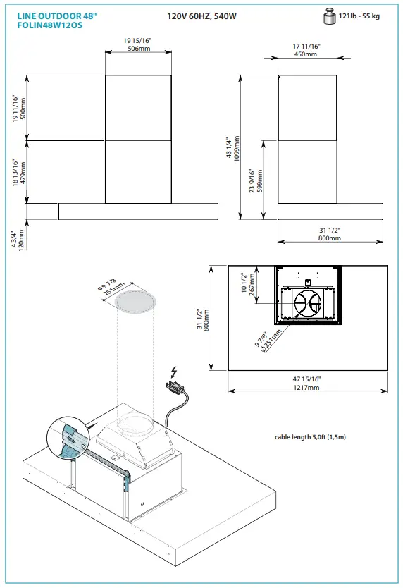 falmec FOLIN36W12OS Line Outdoor Wall Mount Range Hood - fig 3