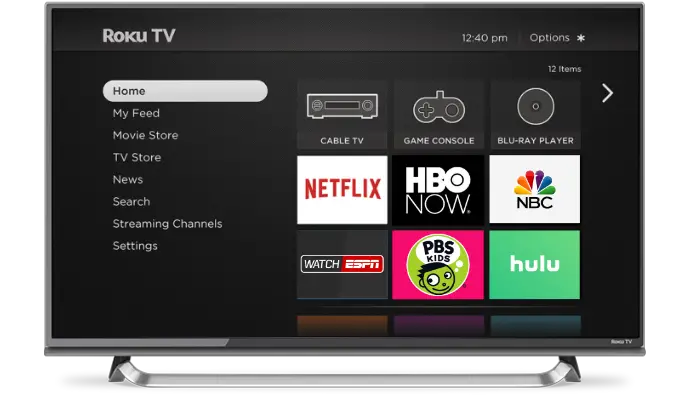 Roku TV home screen on a television.