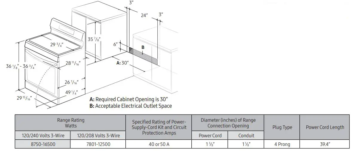 SAMSUNG Fan Convection Electric Range NE63A6511SS - Dimensions