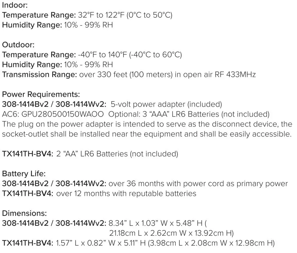 LA CROSSE TECHNOLOGY TX141V4 Temperature Humidity Remote Sensor User Guide - Specifications