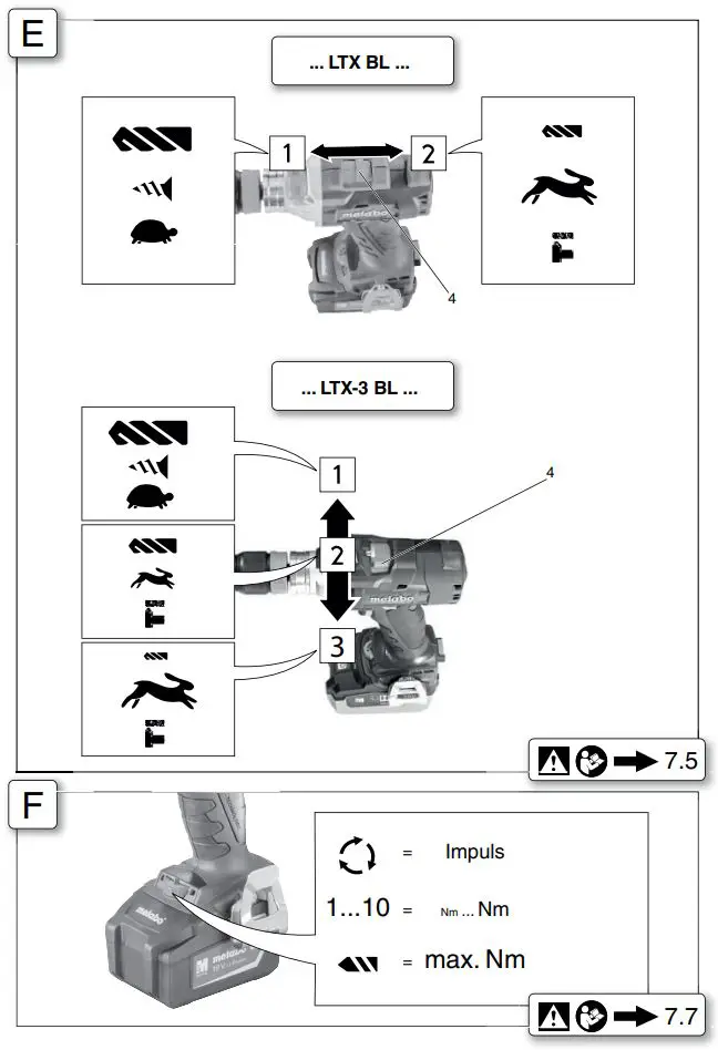 metabo BS 18 LTX BL I Cordless Drill Screwdriver Instruction Manual - Fig E,F