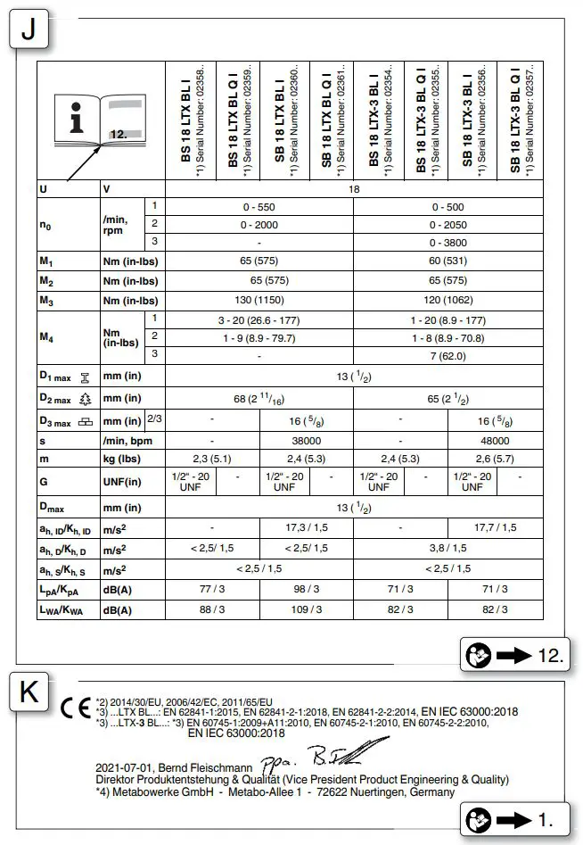 metabo BS 18 LTX BL I Cordless Drill Screwdriver Instruction Manual - Fig J,K