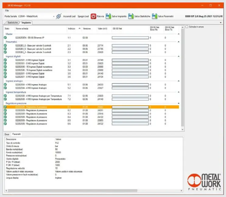 Display of the set parameters