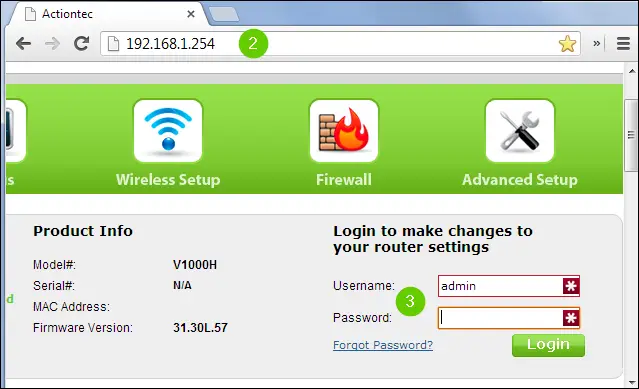 A chrome web page showing the router address 192.168.1.254 and the router log in.