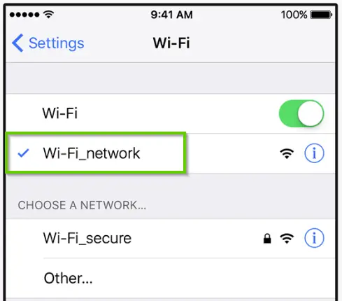 iOS network Wi-Fi settings showing network highlighted.