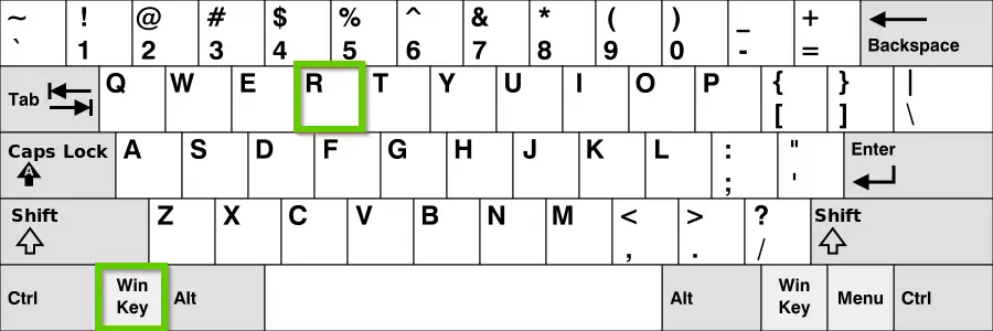 A keyboard showing the windows key and r key highlighted.