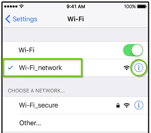 iOS wi-fi settings showing wi-fi network and info icon highlighted.