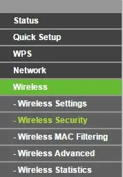 A router web menu showing Wireless Security.