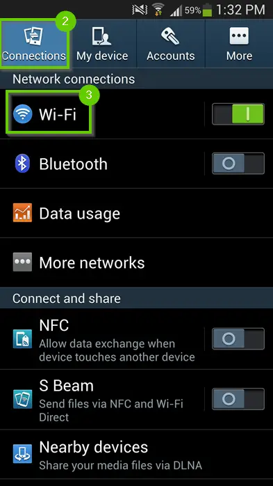 Android settings with connections highlighted.
