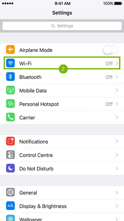 Settings page with Wi-Fi menu item highlighted