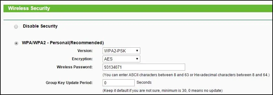 A router web menu showing WPA2 and network password.