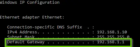 A windows 10 command prompt showing the ipconfig command and default gateway highlighted.