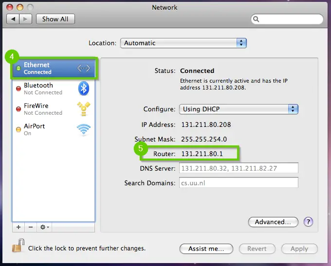 Apple Network settings showing the connected ethernet selected and the router ip address.