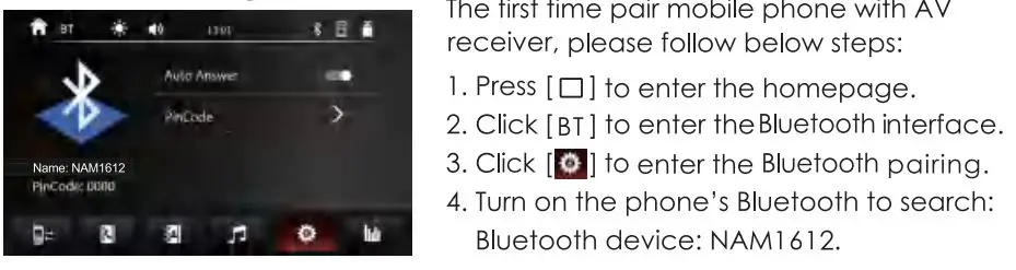 Nakamichi NAM1612 7 Inch 2-Din AV Receiver User Manual - Bluetooth Pairing