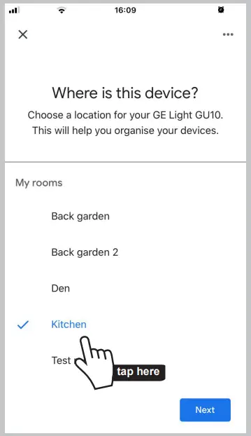 Choose room and tap Next