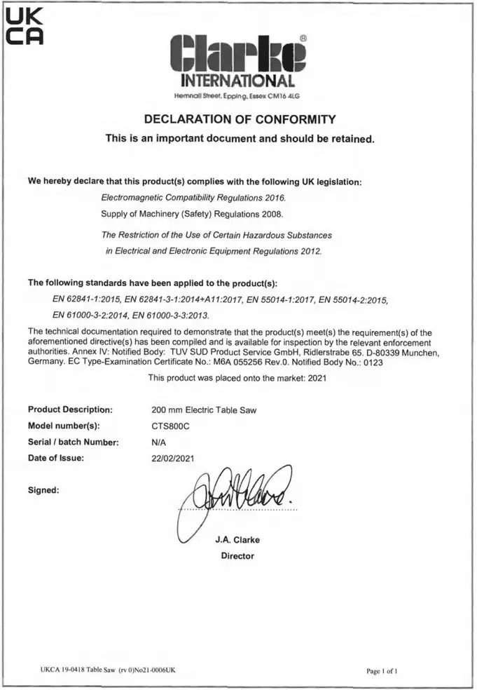 DECLARATION OF CONFORMITY