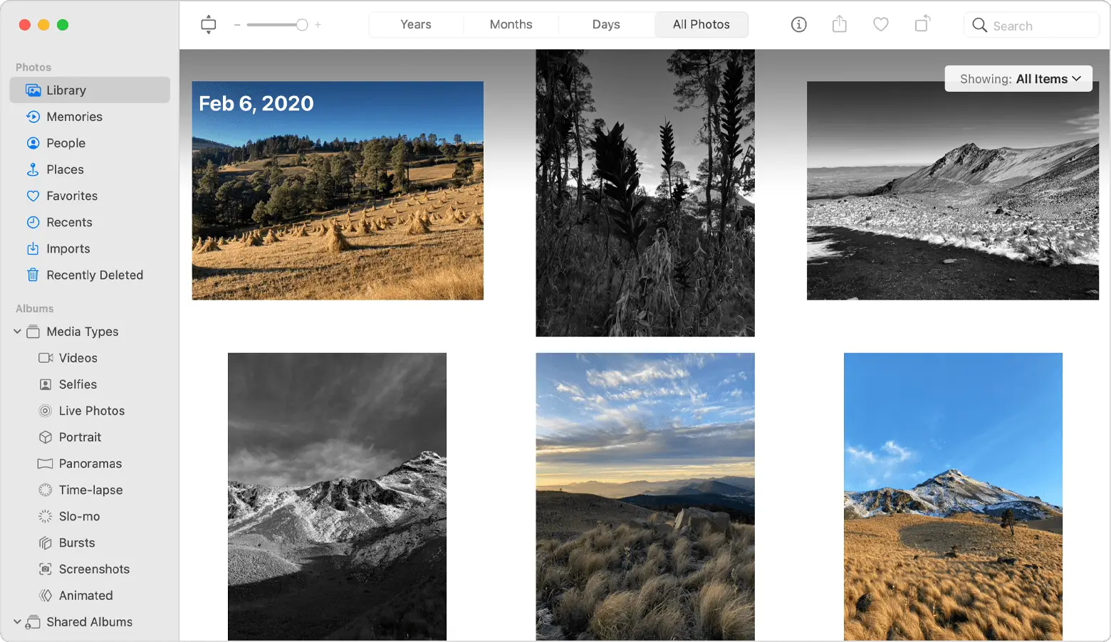 Photos window with Library selected