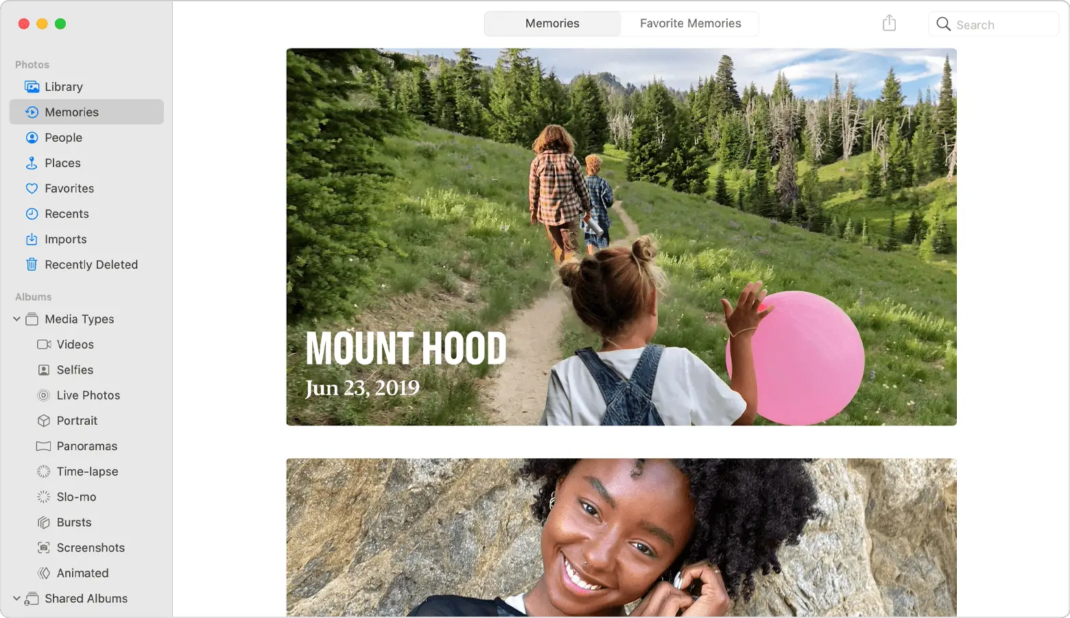 Photos window open with Memories selected