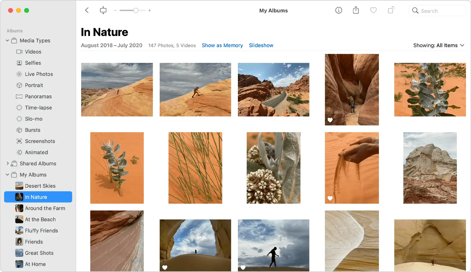Photos window with an album selected