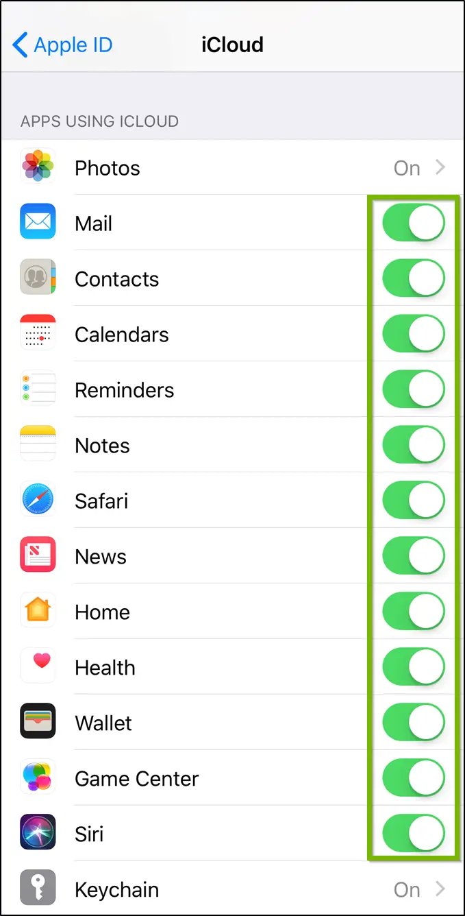 iCloud settings screen highlighting toggle switches for multiple apps.