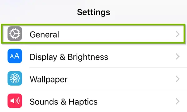 iOS Settings highlighting the general option.