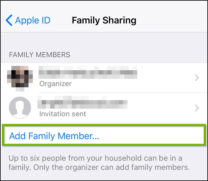 iOS Family Sharing menu highlighting the add family member option.