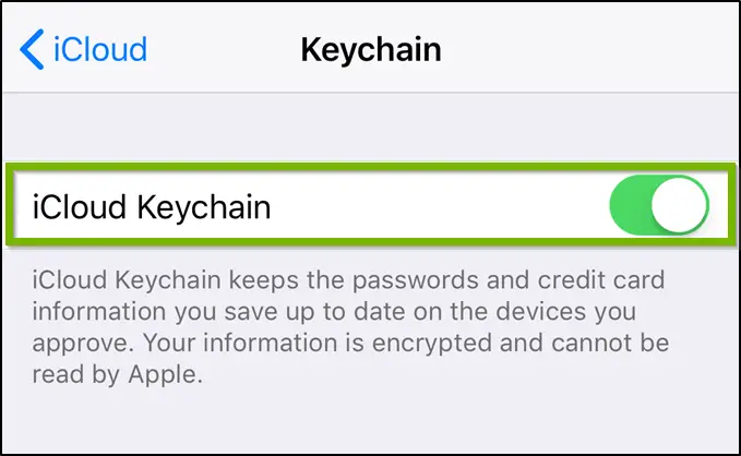 iCloud keychain menu highlighting the keychain toggle switch.