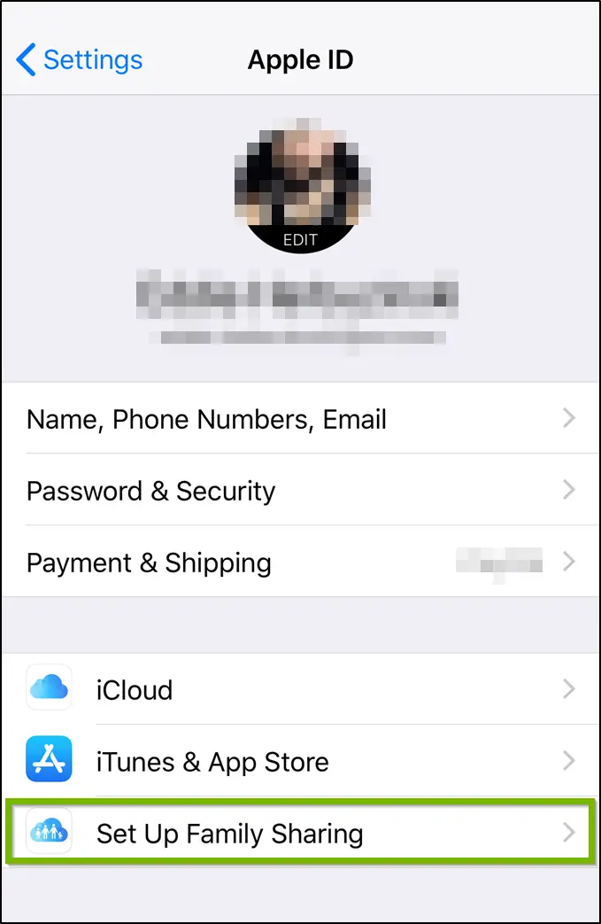 iOS Apple ID screen highlighting set up family sharing option.