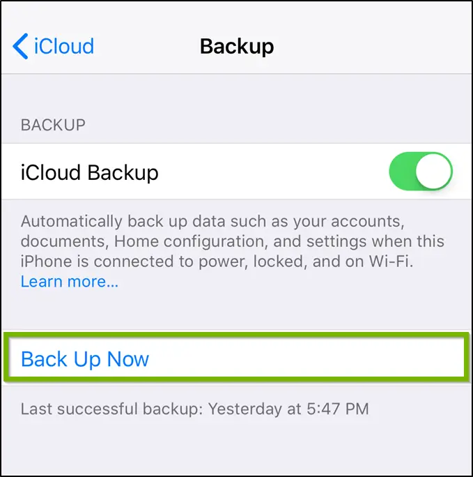 iOS iCloud backup settings highlighting the back up now option.