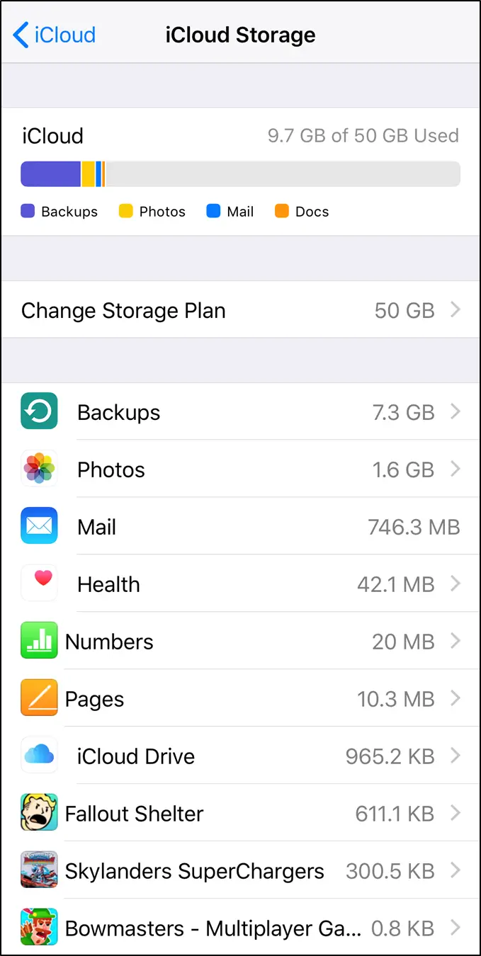 iCloud manage storage screen displaying app storage information.