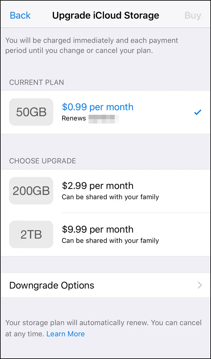 iCloud change storage plan screen.