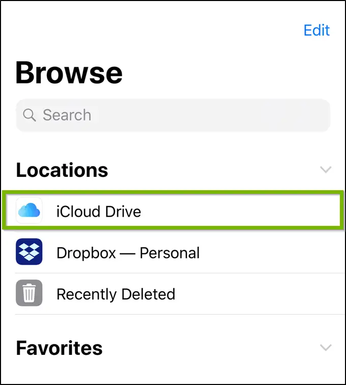 Files app highlighting the iCloud drive option.