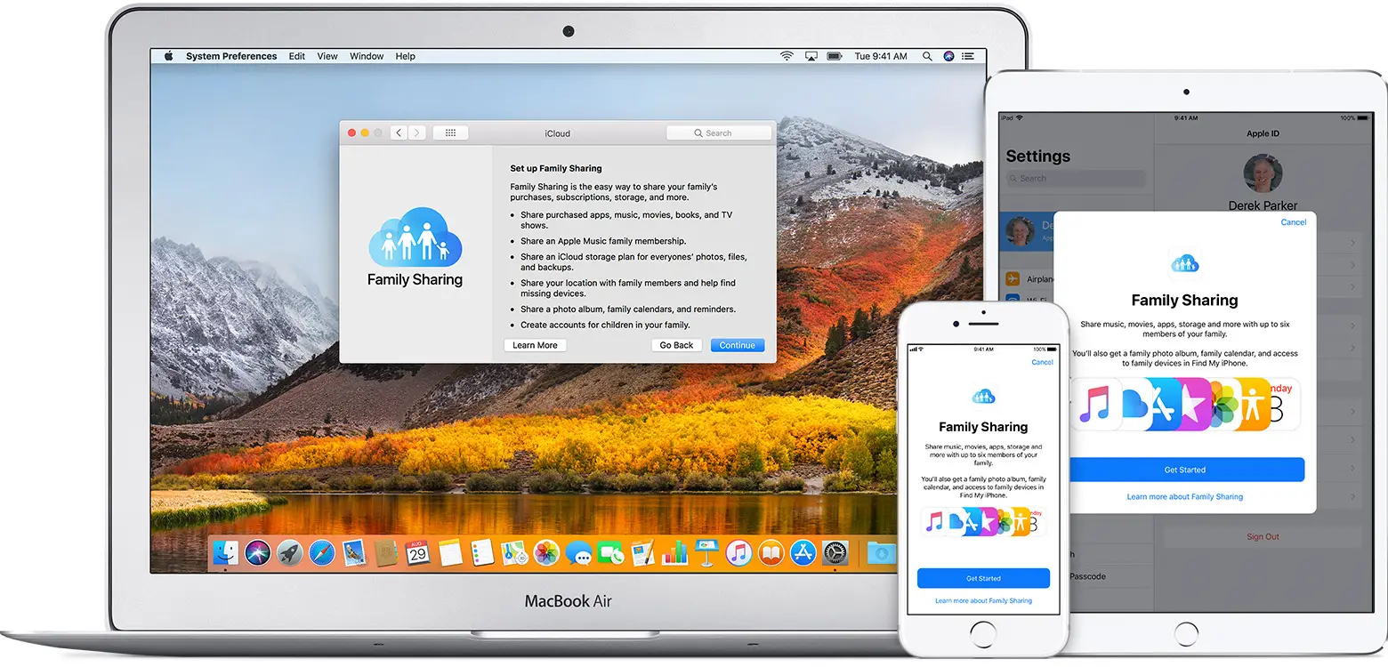 A Mac, iPad, and iPhone showing the Family Sharing page