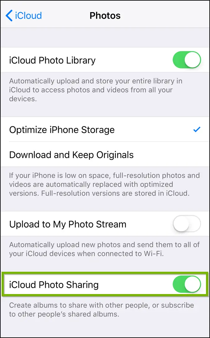 iCloud photos settings highlighting the icloud photo sharing toggle switch.