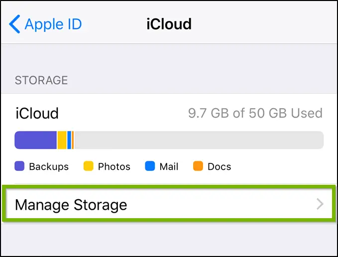 iCloud settings highlighting the manage storage option.