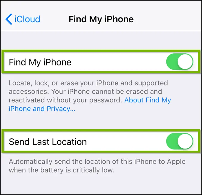 Find my iPhone settings highlighting both toggle switches.