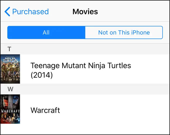 iTunes displaying previously purchased media.